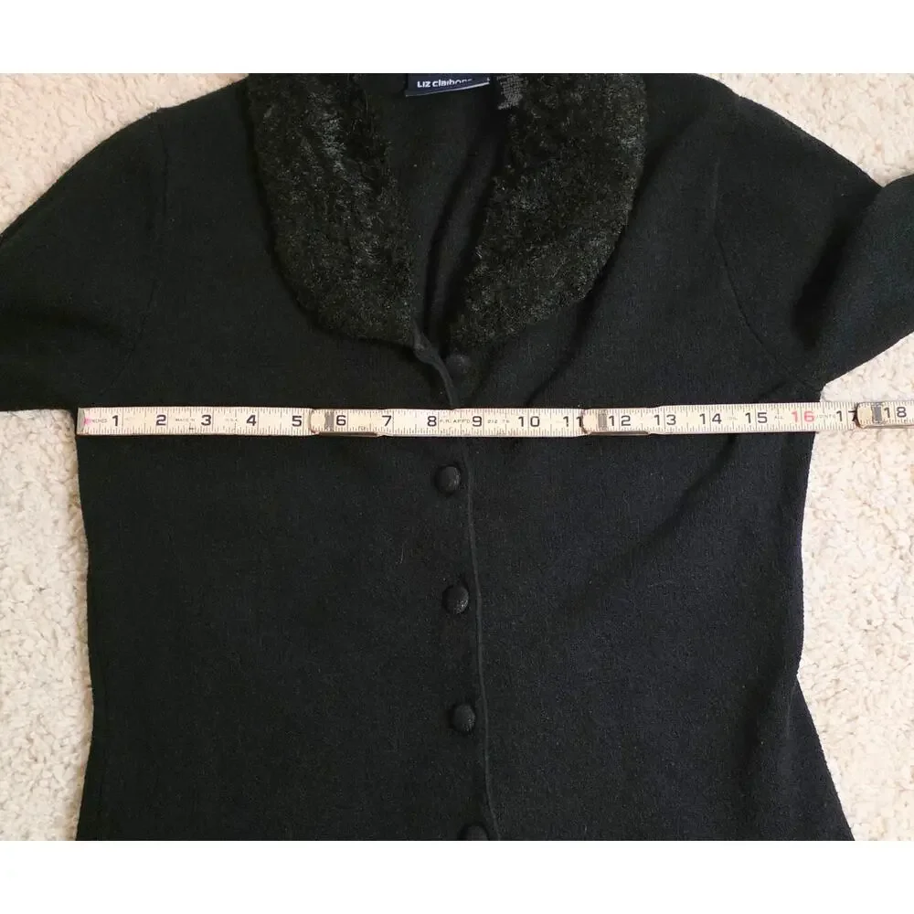 Liz Claiborne Faux Fur Collar Cardigan Sweater Black Petite Size Tag Removed